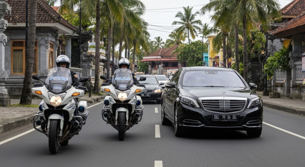 Police motorcycle escort service on Bali roads