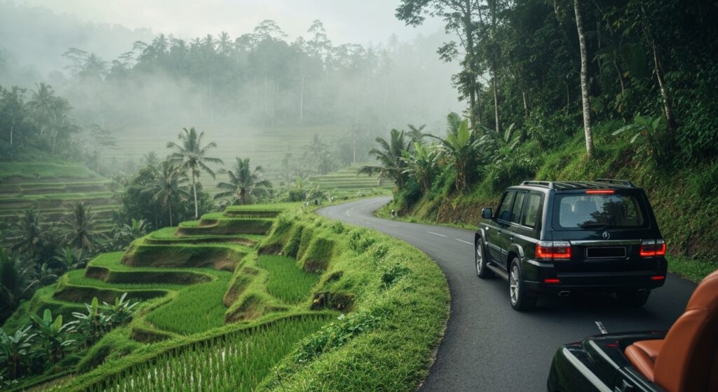 Luxury airport transfer to Ubud Bali through rice terraces